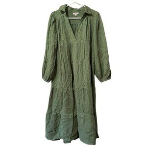 Umgee Women Size Small Tiered Dress Green Collared Split Neck‎ Long Sleeve Boho
